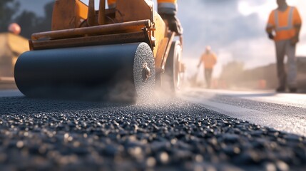 Road Construction Precision: A 3D Vector Illustration of Asphalt Laying and Teamwork
