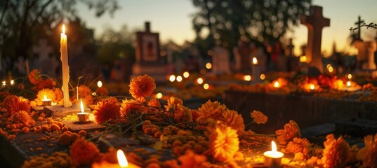 D&iacute;a de los Muertos Cemetery at Dawn with Candlelit Gravestones and Marigold Flowers