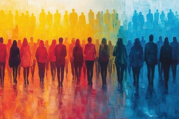 stylized illustration of diverse crowd abstract figures in array of colors overlapping silhouettes creating sense of unity movement and community in modern graphic style