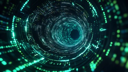 Obraz premium Abstract swirling green and blue light tunnel, digital technology futuristic background.