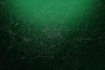 Street map of Greensboro (North Carolina, USA) engraved on green metal background. Light is coming from top. 3d render, illustration