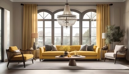 Fototapeta premium Chic and Inviting: An Elegant Modern Living Room Enhanced with Radiant Yellow Accents