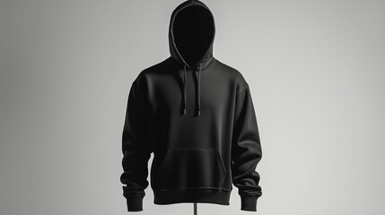 Black Hoodie on Invisible Mannequin. Minimalistic studio shot of a black hoodie displayed on an invisible mannequin with neutral gray background, ideal for fashion mockups or e-commerce.