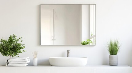 Minimalist frameless mirror with brushed steel fixtures in a clean white bathroom, minimalist bathroom mirror, sleek simplicity