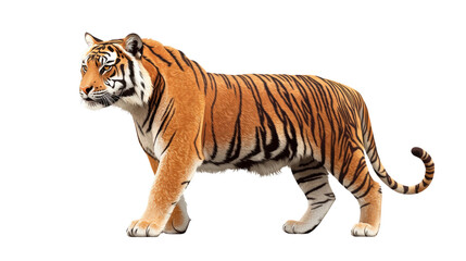 Obraz premium A majestic tiger with distinctive orange and black stripes, walking gracefully, symbolizing the strength, power and beauty of the jungle. Transparent isolated background.