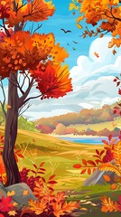 Autumn Landscape with Red Leaves and Blue Sky