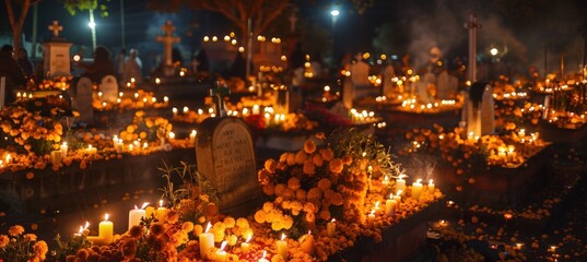 Dia de los Muertos Night Cemetery Illuminated with Candles and Marigolds for Peaceful Remembrance