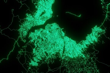 Map of the streets of Kinshasa (Congo) made with green illumination and glow effect. Top view on roads network. 3d render, illustration