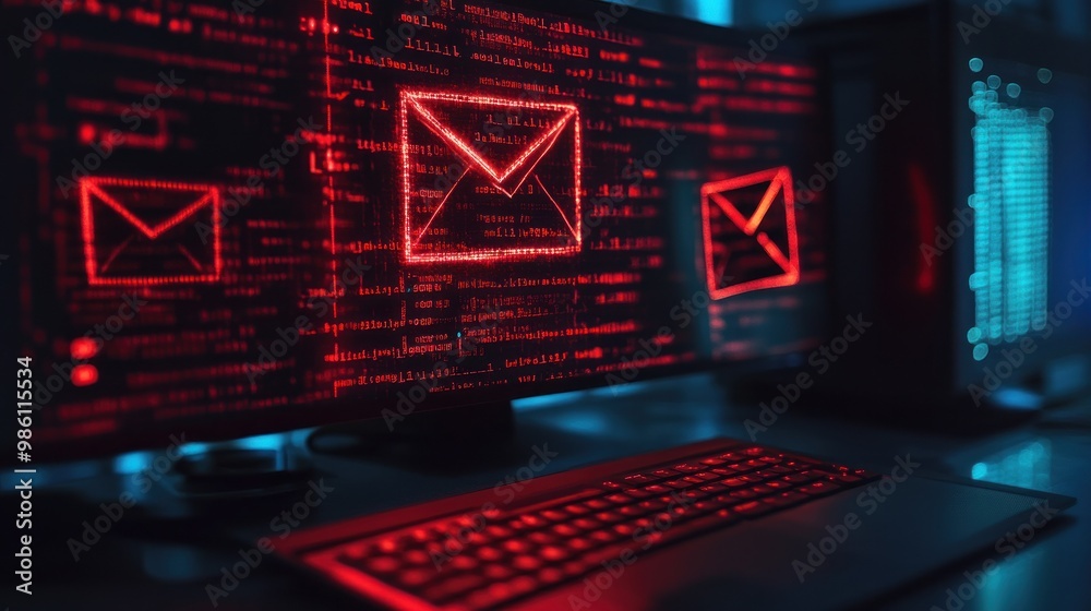 Poster a computer screen displaying glowing red email icons and code, suggesting cybersecurity themes.