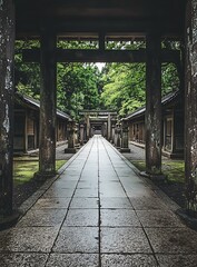 Stone Pathway Through Traditional Japanese Torii Gates