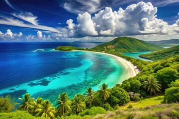 Vibrant turquoise waters merge with creamy white sands, set amidst a vibrant canopy of greenery on Saint Croix's stunning tropical shores.