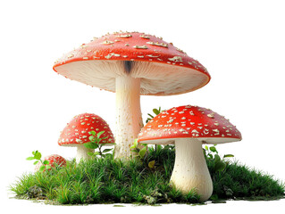 Bright red mushrooms with white spots, growing in lush green grass. A classic woodland scene, showcasing the beauty and mystery of nature’s fungi kingdom. isolated transparent background