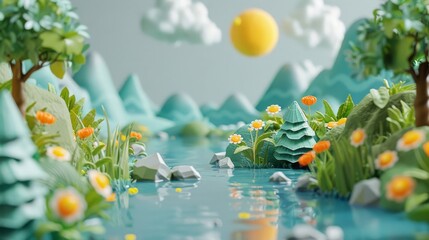 Serene Forest with Quaint Pond and Trees in Bright, Cheerful Colors, Cute Clay Style Animation, Playful Youthful Ambiance, Natural Scenery, Peaceful Environment, Animated Nature Scene