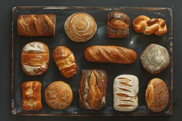 Gold rustic bread and buns on chalkboard background. Top view.