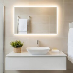 Fototapeta premium Rectangular frameless mirror with integrated lighting above a floating vanity, minimalist bathroom mirror, modern simplicity