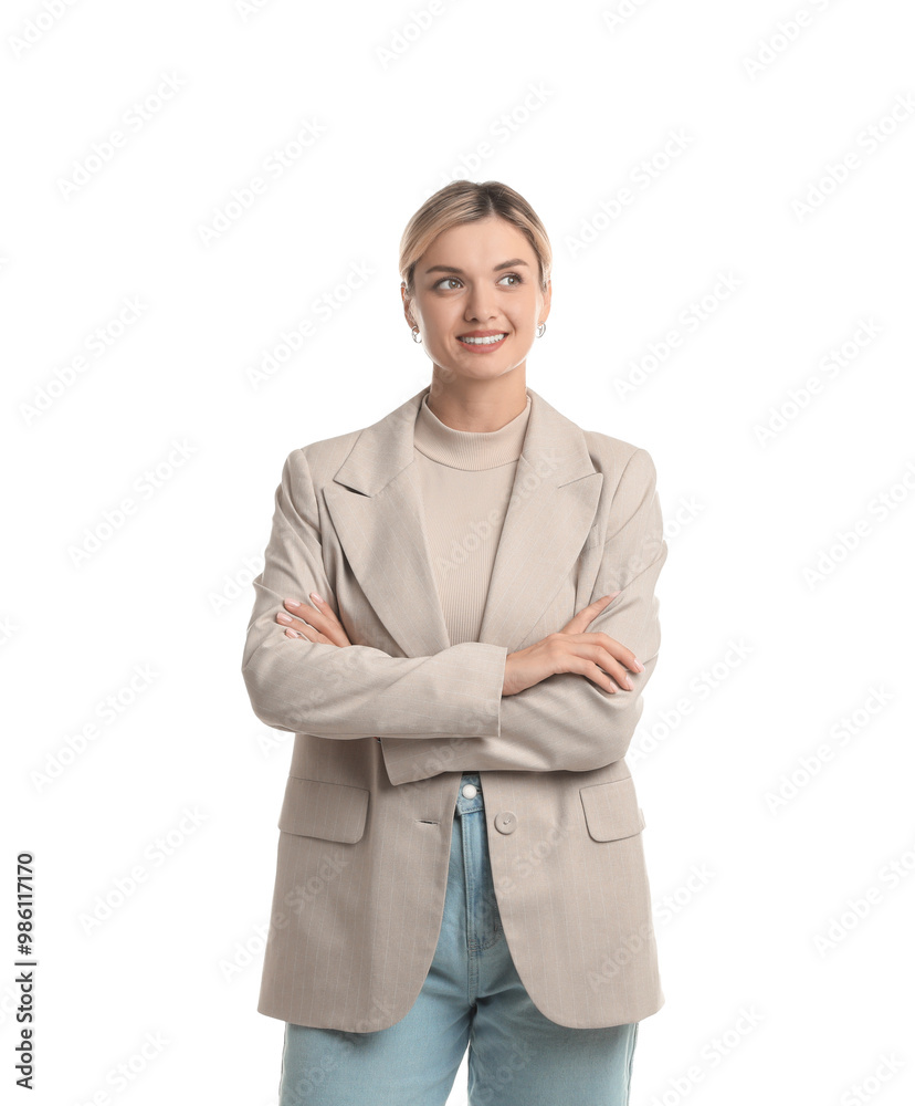 Sticker Beautiful woman in stylish jacket on white background