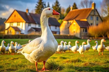 Obraz premium White domestic goose standing in a field, with other geese and buildings in the background