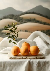 Fresh Oranges with Green Leaves on a White Tablecloth with Mountain Background