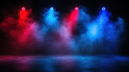 Fototapeta premium A stage with colorful lighting and fog, creating an atmospheric setting for performances.