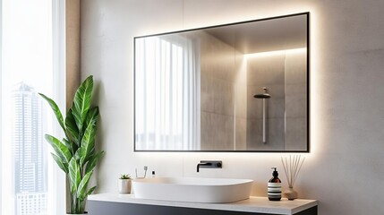 Fototapeta premium Rectangular mirror with thin black frame and built-in lighting, minimalist bathroom mirror, sleek modern contrast