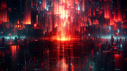Fototapeta premium Futuristic abstract landscape with luminous red and blue neon lights, immersive digital art 