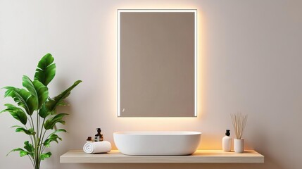 Fototapeta premium Tall frameless mirror with seamless edges and built-in lighting, minimalist bathroom mirror, modern elegance