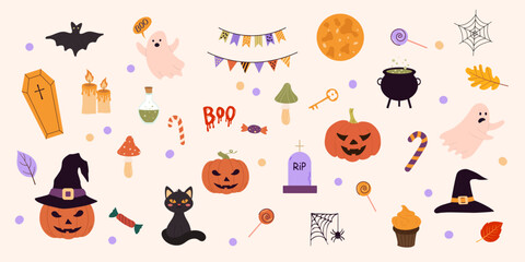 Obraz premium Happy halloween set. Bohemian mystical magic collection clip art hand drawing style. Vector illustration