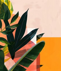 Tropical Leaves Abstract Art Painting with Pink and Orange Background
