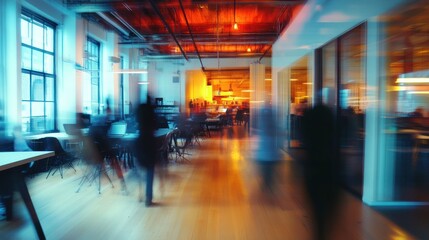 Blurred motion of people walking through a modern office with a wooden floor and a glass partition.