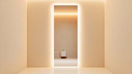 Tall frameless mirror with recessed lighting in a beige minimalist bathroom, minimalist bathroom mirror, warm simplicity