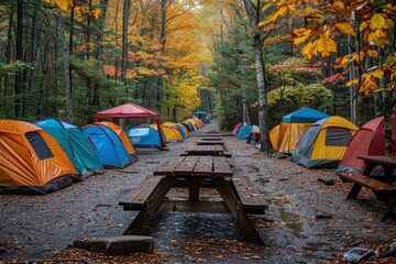 Colorful tents and picnic areas at a festive outdoor campground, vibrant gathering