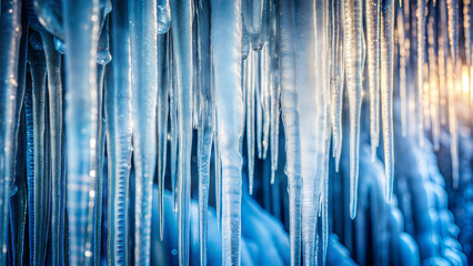 Close-up of hanging icicles with sparkling ice and blue tones, winter beauty

