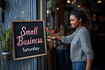 Smiling African American woman holding a 'Small Business Saturday' sign outside a shop. Concept for promoting local shopping and supporting small businesses during holiday events