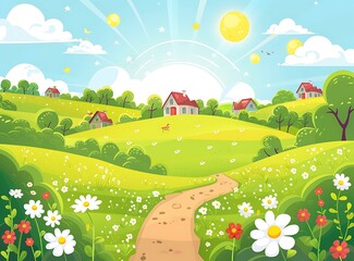 Naklejka premium Beautiful Countryside Landscape with Rolling Hills, Houses, and Daisies