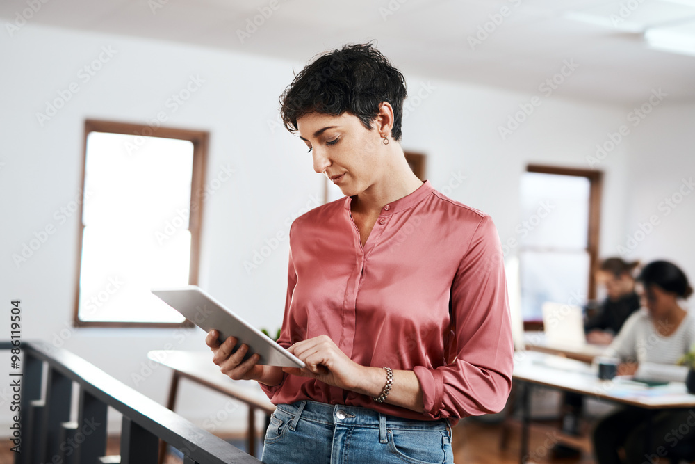 Aufkleber Office, planning and woman with research on tablet for web development, update or communication. Company, developer and scroll with technology at IT startup for ux project, info or review of database
