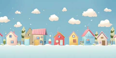 Cartoon Illustration of a Winter Village with Colorful Houses