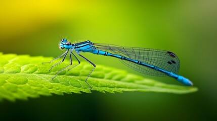 A blue dragonfly perched on the edge of a green leaf, macro photography, blurred background, macro lens, macro view