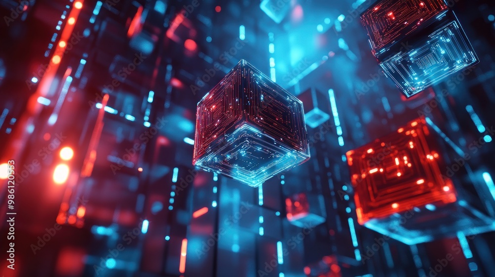 Poster abstract futuristic background with glowing cubes in red and blue light.
