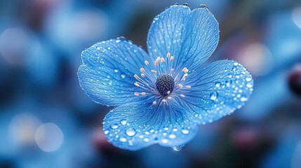 surreal closeup of an ethereal blue flower with gossamer petals dreamy bokeh background with soft focus dewdrops creating an otherworldly botanical fantasy
