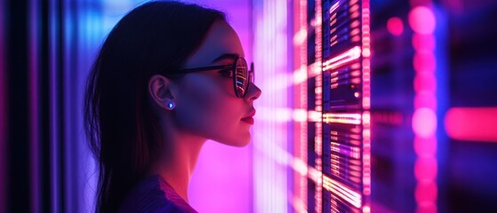 A woman in glasses gazes at illuminated digital displays in a modern tech environment.