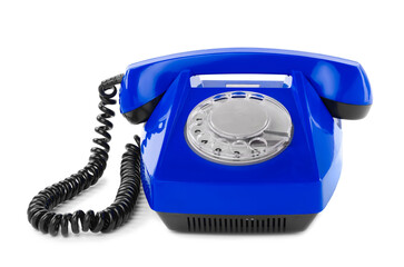 Old blue telephone with rotary dial isolated on white