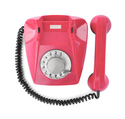 Old pink telephone with rotary dial isolated on white, top view