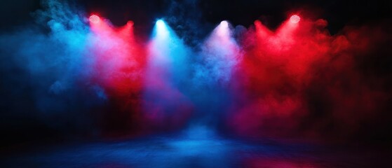 Fototapeta premium A stage with colorful lights and smoke, creating a dramatic atmosphere for performances.