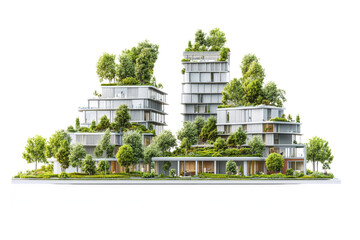 A sustainable urban development project showcasing a blend of green spaces, bicycle lanes, and energy-efficient buildings isolated on white background