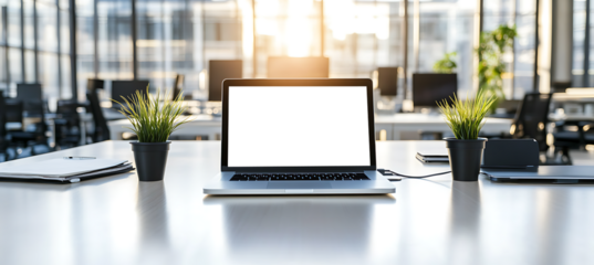 Laptop Mockup in a Modern Office with Natural Lighting - Transparent PNG Banner Perfect for Web Design, Tech Products, and Innovative Workspace Solutions