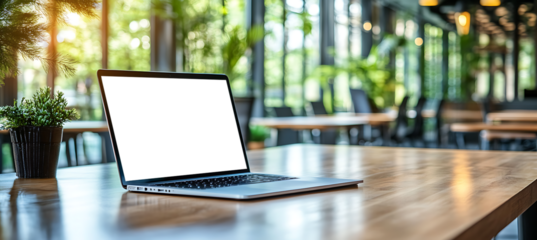 Laptop Mockup in a Modern Office with Natural Lighting - Transparent PNG Banner Perfect for Web Design, Tech Products, and Innovative Workspace Solutions