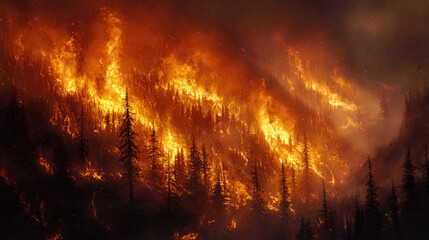 A wildfire consuming a forested hillside, with flames climbing the trees and thick smoke rising, illustrating the destructive nature of wildfires in forested regions.