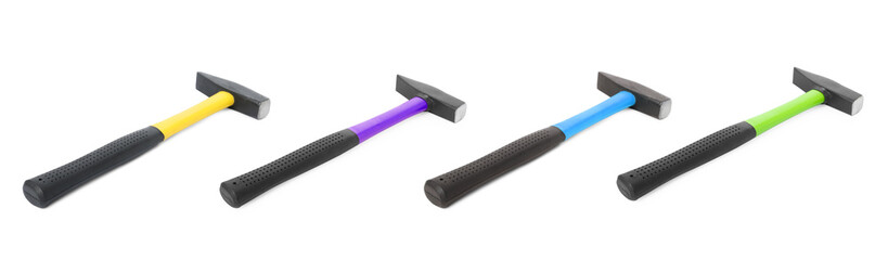 Collage with different hammers on white background