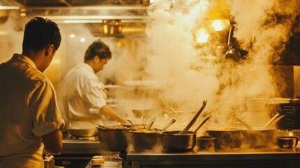 A man in a white shirt cooks a meal while another man watches from behind a cloud of steam.