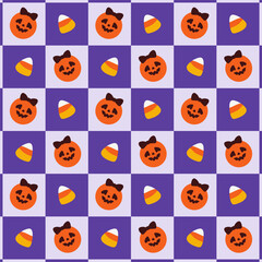 Halloween Candy Corn and Pumpkin Checkered Pattern. Cute Pumpkins with Bows and Candy Corn in Purple Grid.